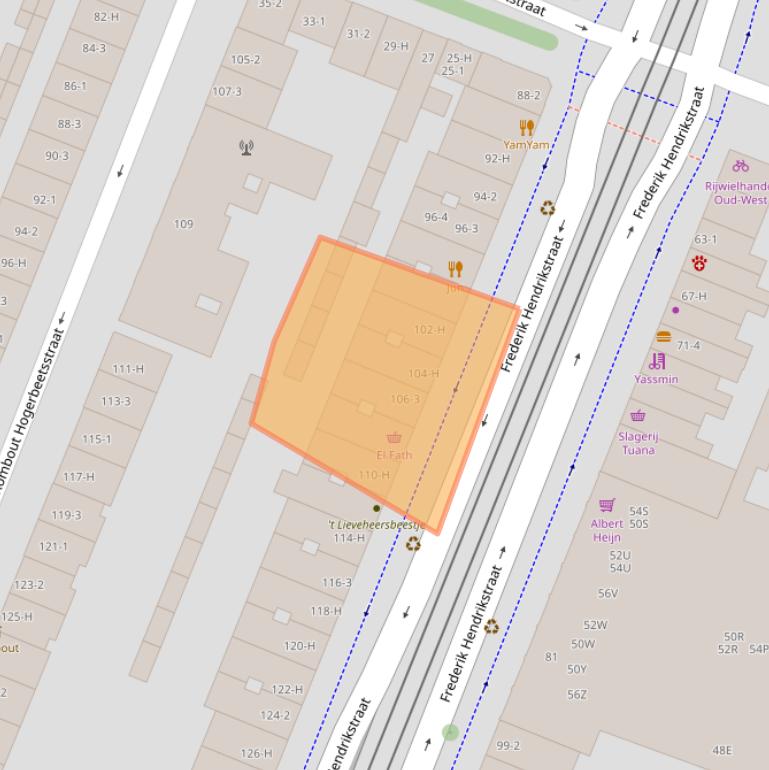 Kaart van postcodegebied 1052JA.