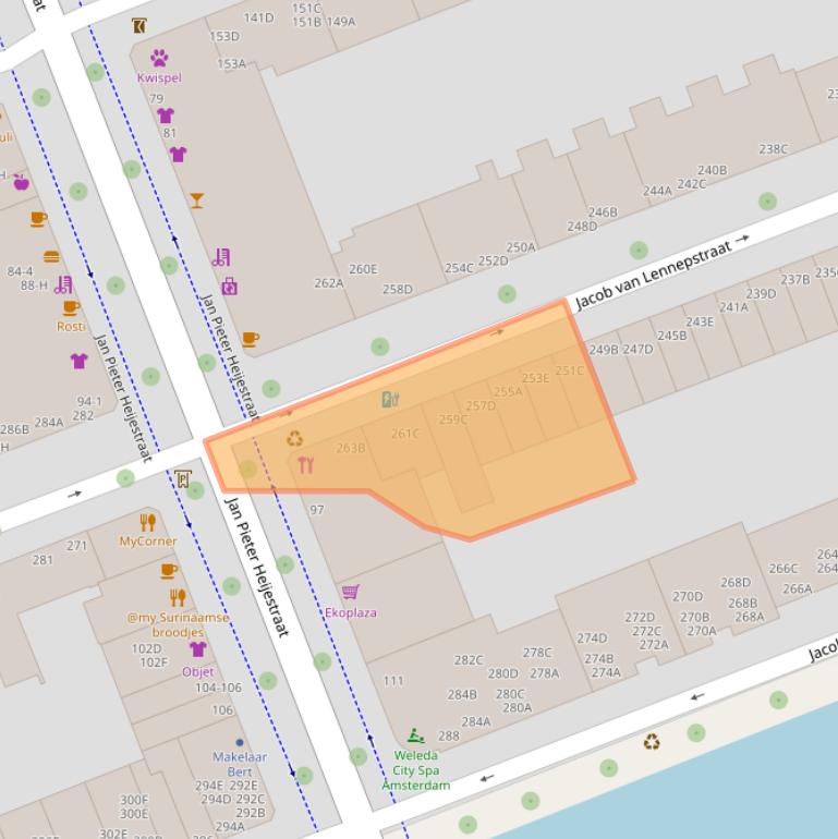 Kaart van postcodegebied 1053JE.