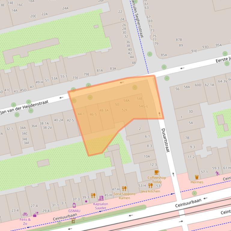 Kaart van postcodegebied 1072TW.