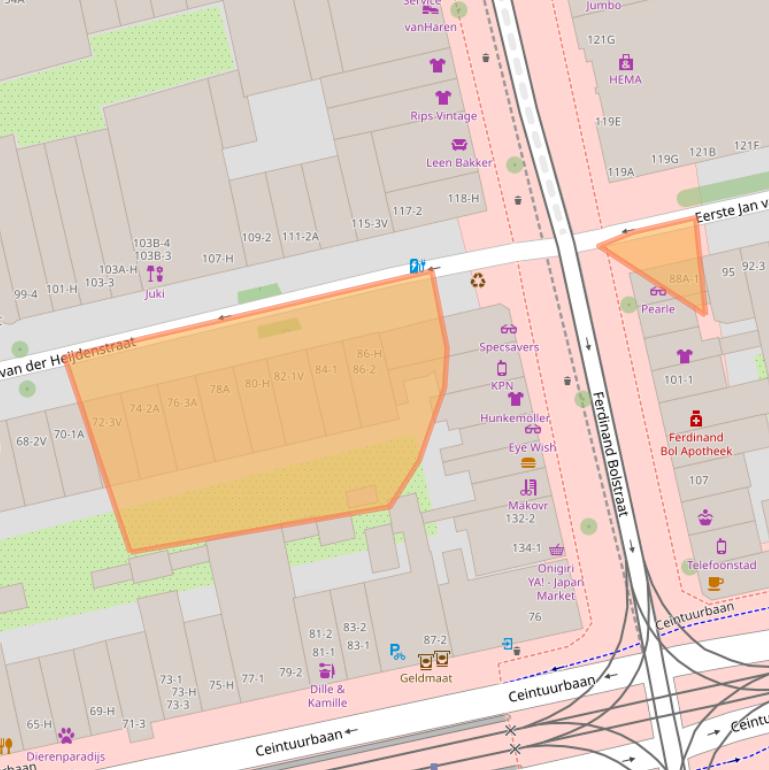 Kaart van postcodegebied 1072TZ.