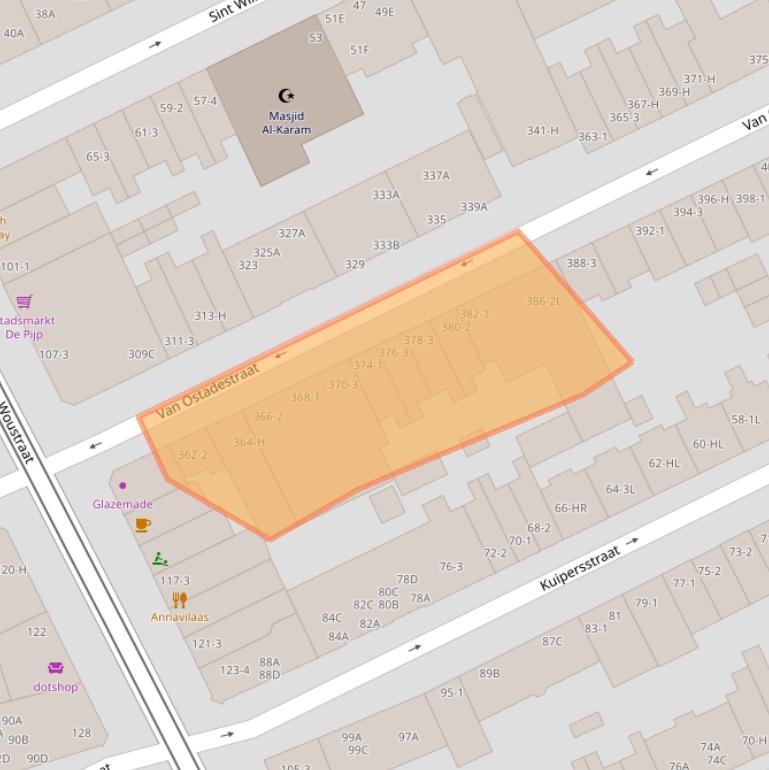 Kaart van postcodegebied 1074XA.