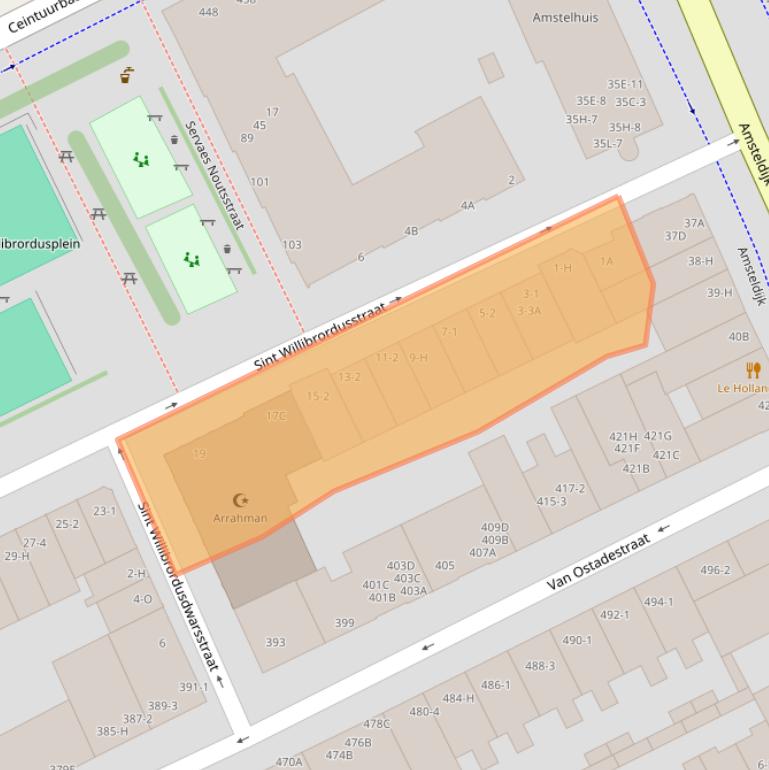 Kaart van postcodegebied 1074XH.