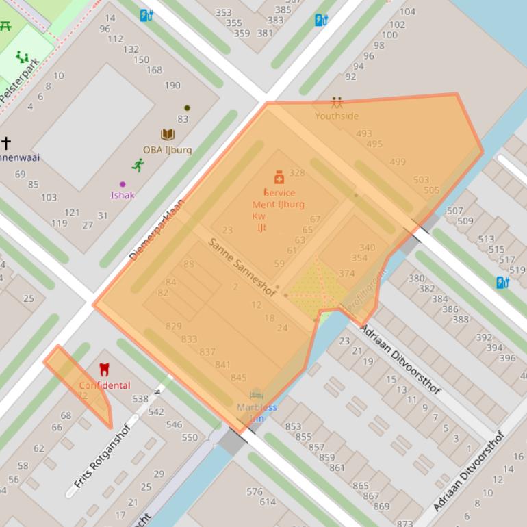 Kaart van postcodegebied 1087GZ.