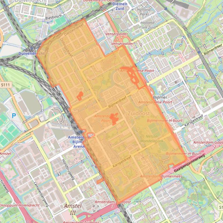Kaart van postcodegebied 1102.