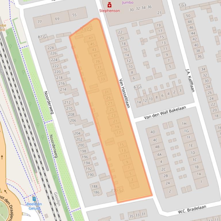Kaart van postcodegebied 1222PC.