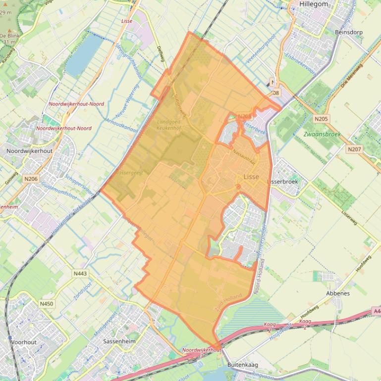 Kaartafbeelding, ingezoomd op postcodegebied 2161.