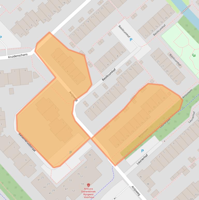 Kaart van postcodegebied 2215BT.
