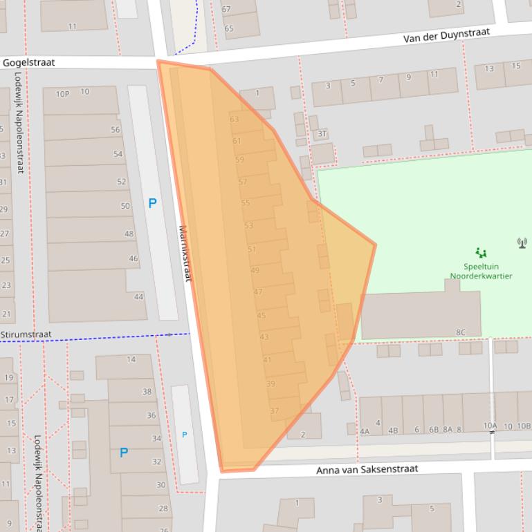 Kaart van postcodegebied 2316EL.