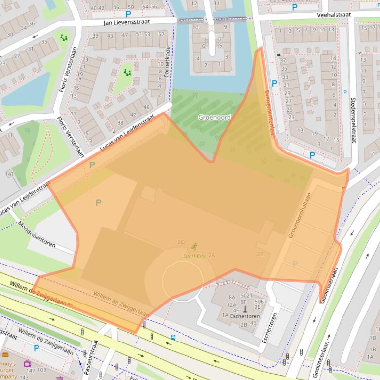 Kaart van postcodegebied 2316GB.