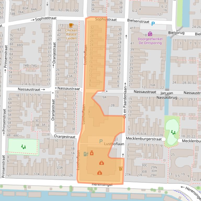 Kaart van postcodegebied 2316JA.