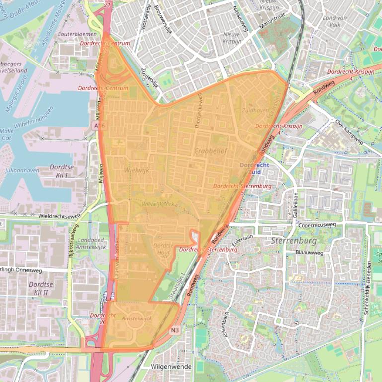 Kaartafbeelding, ingezoomd op postcodegebied 3317.