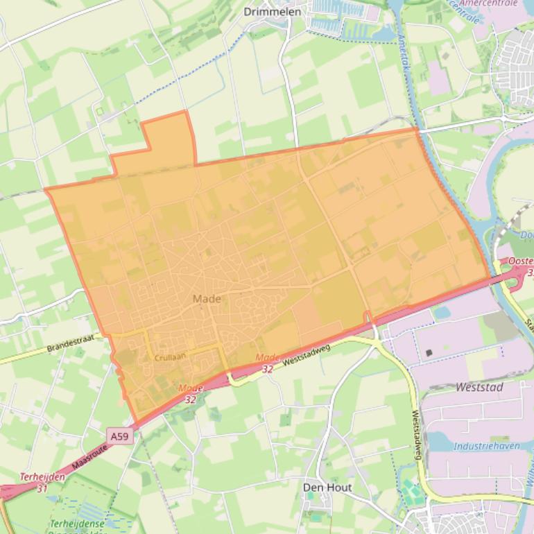 Kaart van postcodegebied 4921.