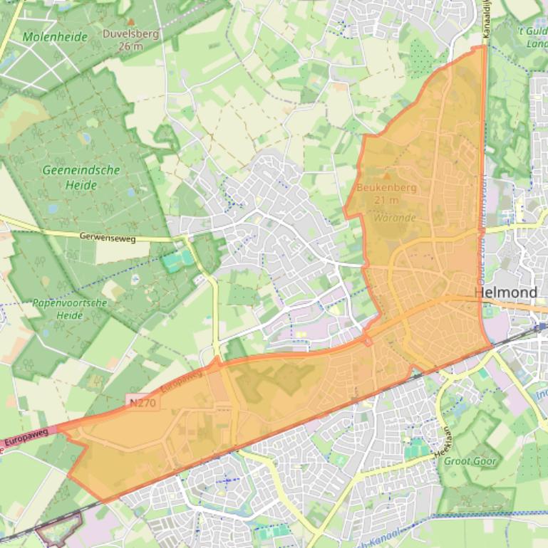 Kaartafbeelding, ingezoomd op postcodegebied 5707.
