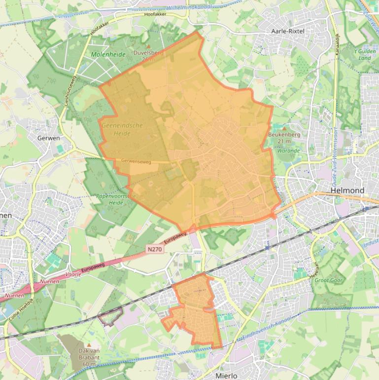 Kaartafbeelding, ingezoomd op postcodegebied 5708.