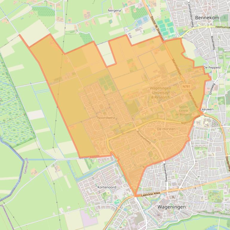 Kaartafbeelding, ingezoomd op postcodegebied 6708.