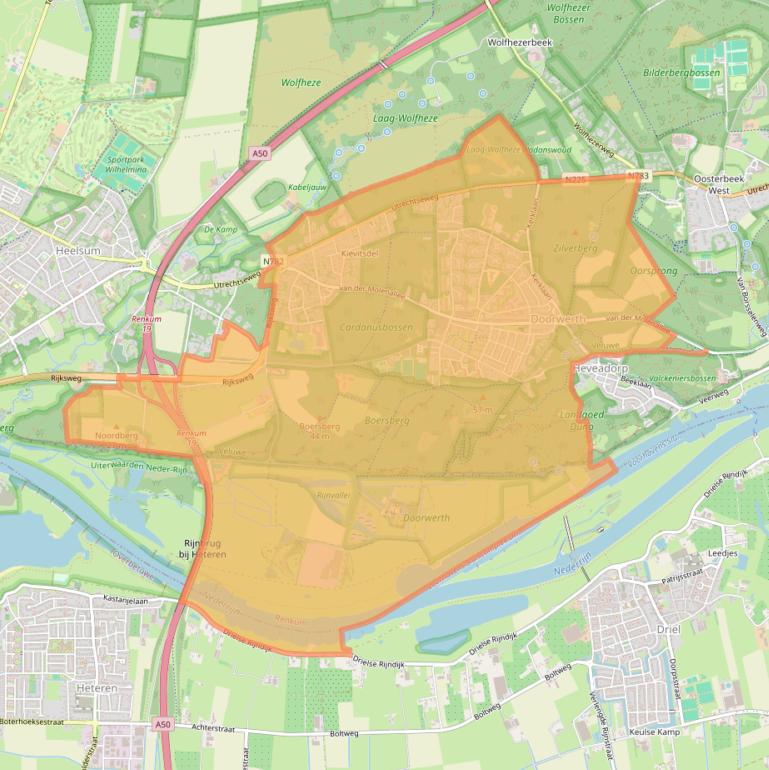Kaartafbeelding, ingezoomd op postcodegebied 6865.