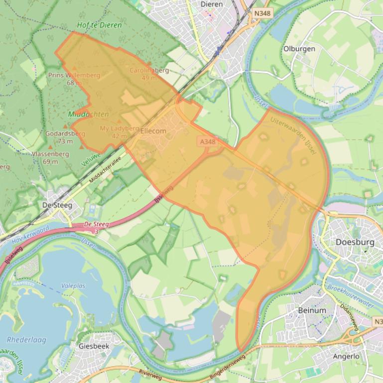 Kaartafbeelding, ingezoomd op postcodegebied 6955.
