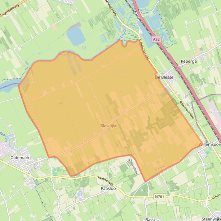 Kaartafbeelding, ingezoomd op postcodegebied 8398.