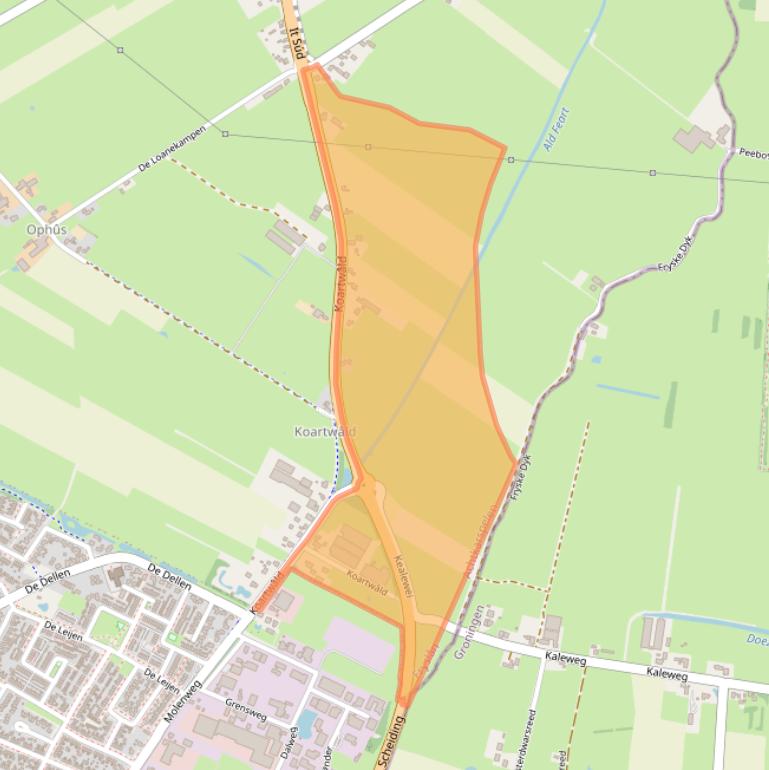 Kaart van postcodegebied 9283TX.