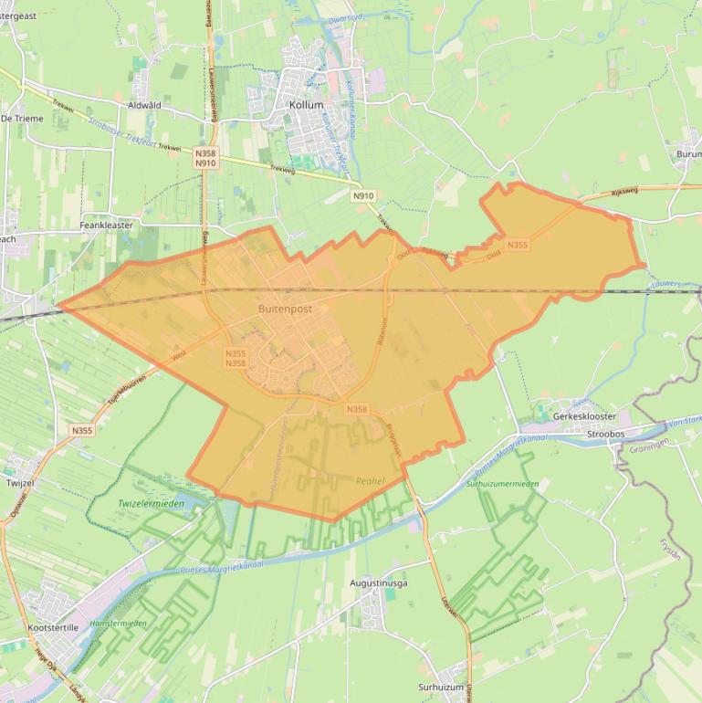 Kaartafbeelding, ingezoomd op postcodegebied 9285.