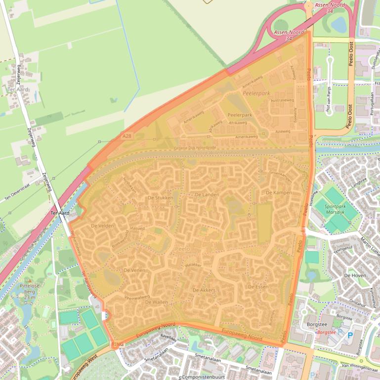 Kaartafbeelding, ingezoomd op postcodegebied 9407.