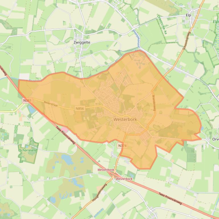 Kaartafbeelding, ingezoomd op postcodegebied 9431.