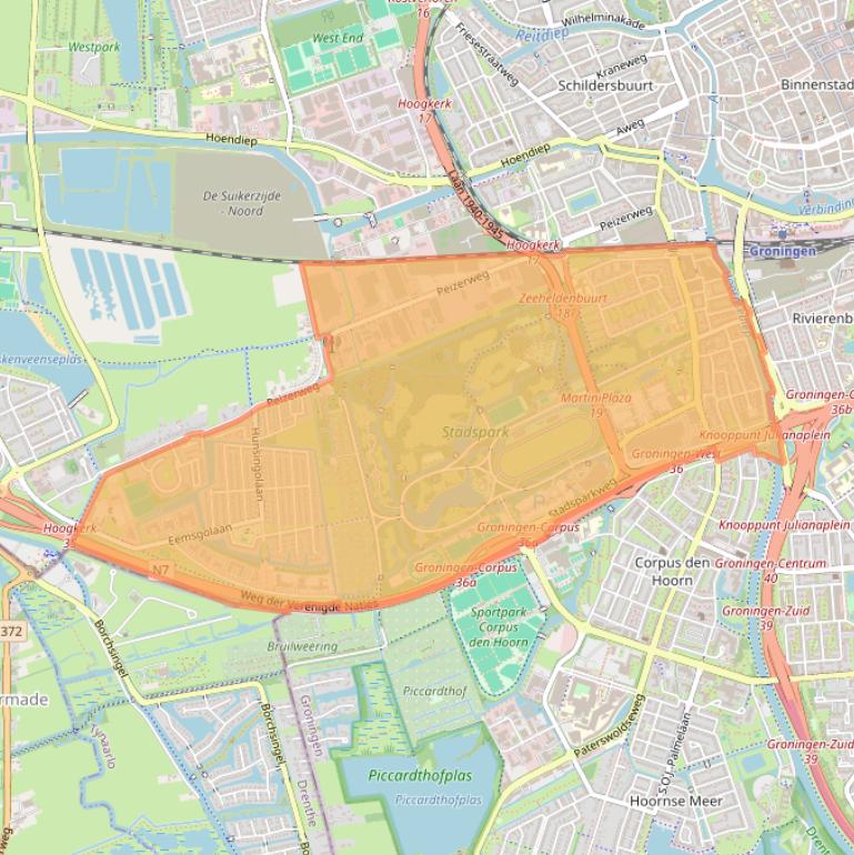 Kaartafbeelding, ingezoomd op postcodegebied 9727.