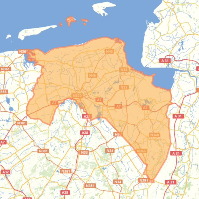 Kaart van de provincie Groningen.