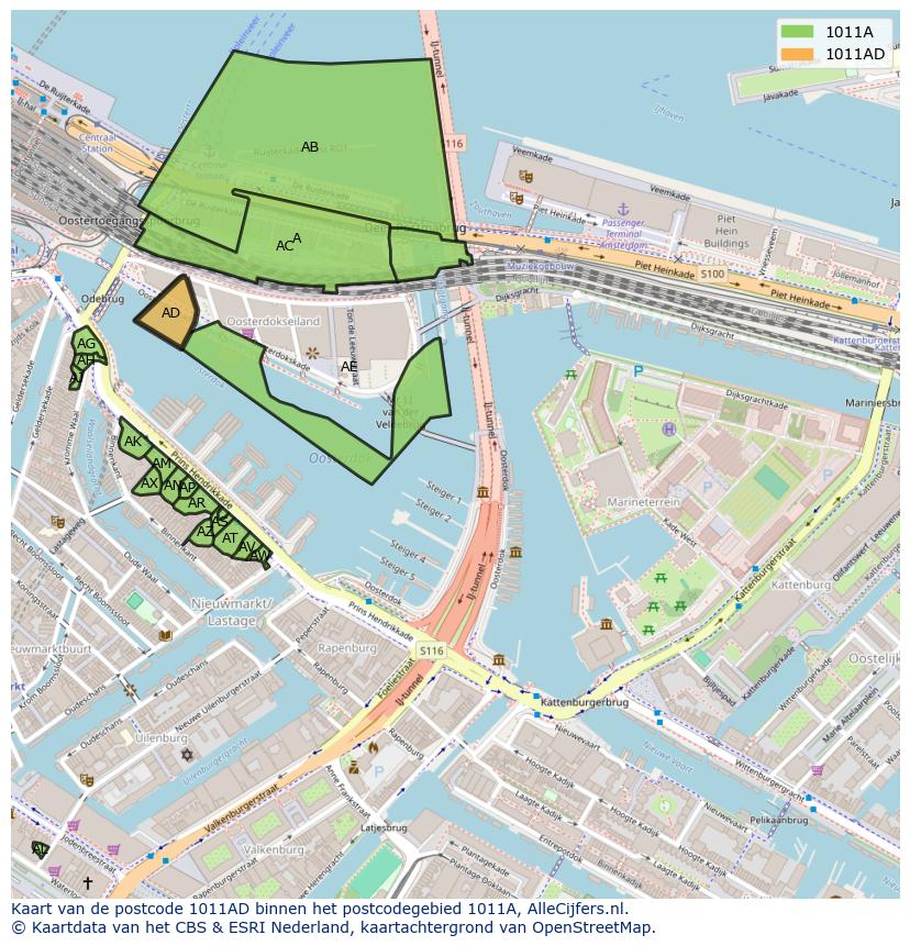 Afbeelding van het postcodegebied 1011 AD op de kaart.
