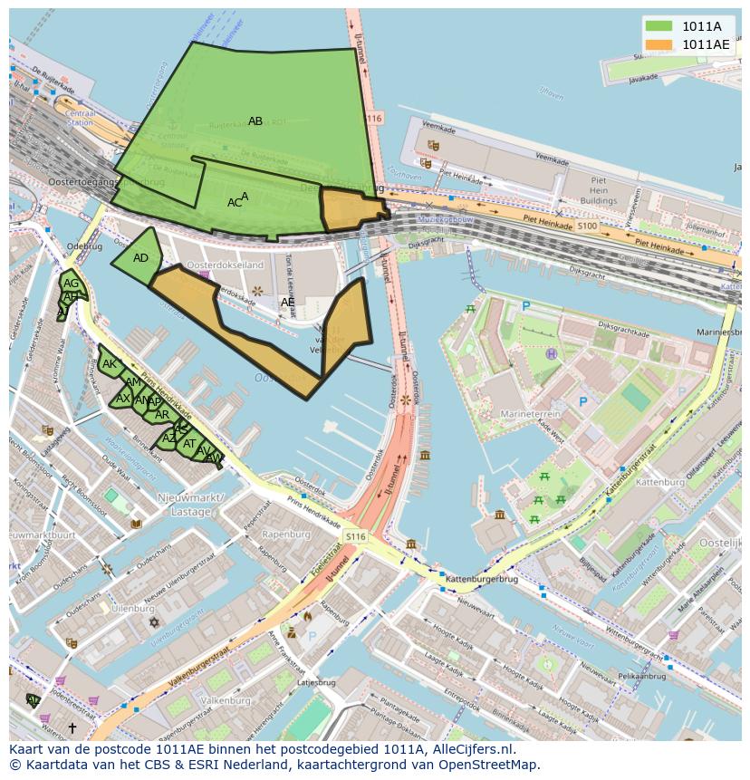Afbeelding van het postcodegebied 1011 AE op de kaart.