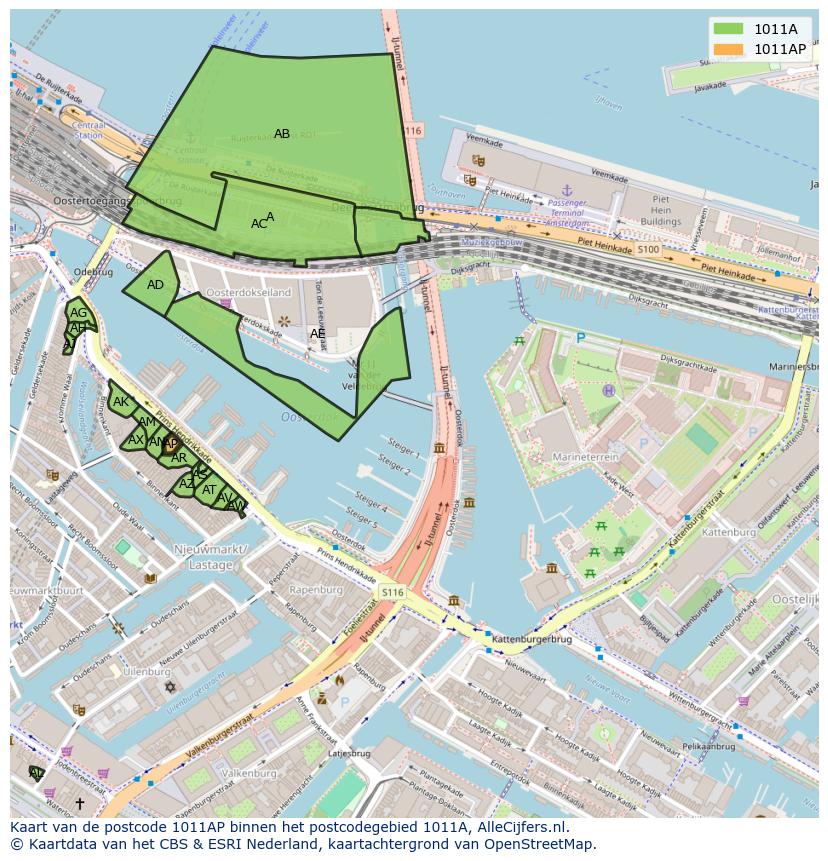 Afbeelding van het postcodegebied 1011 AP op de kaart.