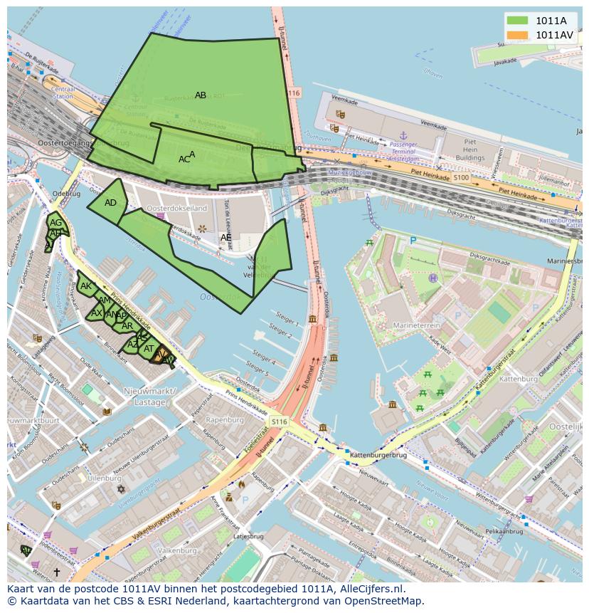 Afbeelding van het postcodegebied 1011 AV op de kaart.