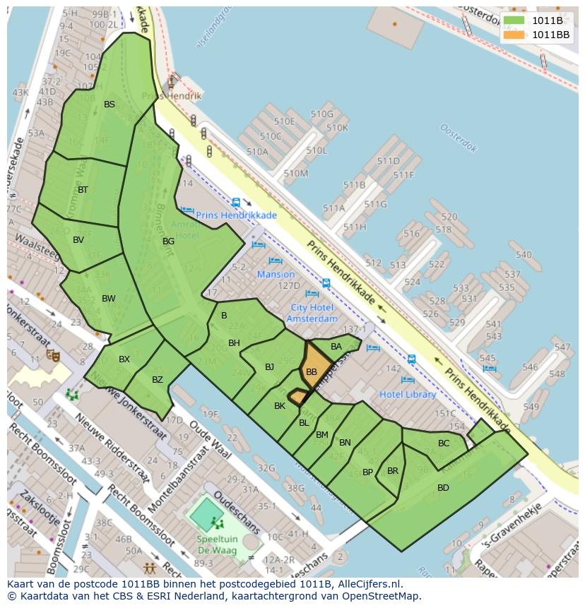 Afbeelding van het postcodegebied 1011 BB op de kaart.