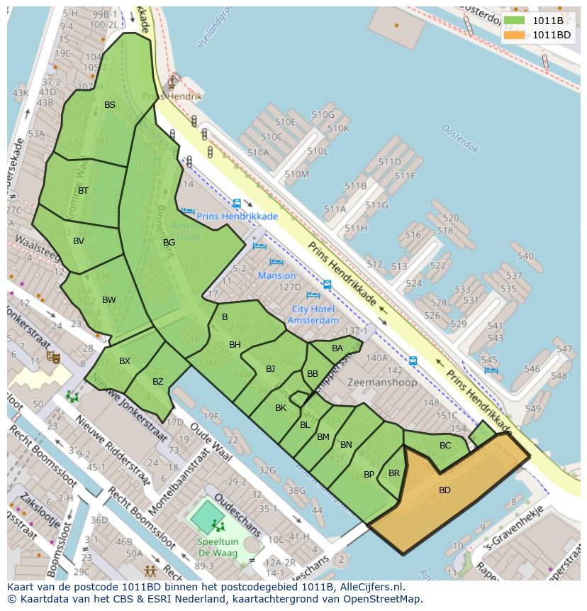 Afbeelding van het postcodegebied 1011 BD op de kaart.