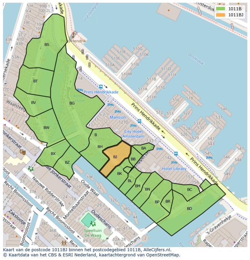 Afbeelding van het postcodegebied 1011 BJ op de kaart.