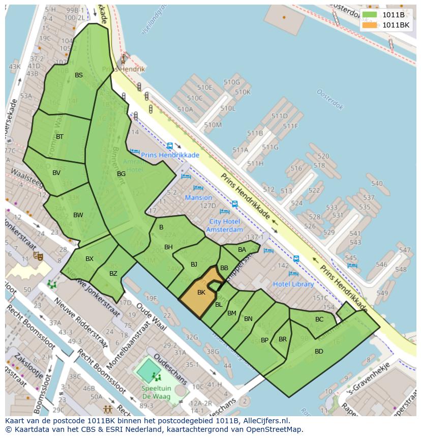 Afbeelding van het postcodegebied 1011 BK op de kaart.