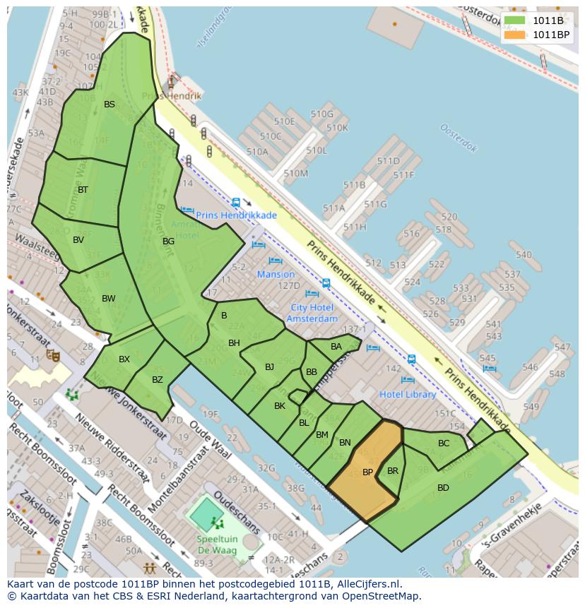 Afbeelding van het postcodegebied 1011 BP op de kaart.