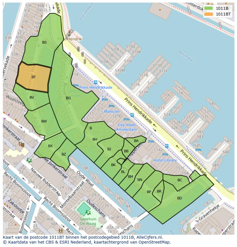 Afbeelding van het postcodegebied 1011 BT op de kaart.