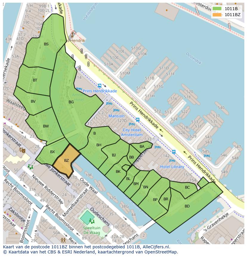 Afbeelding van het postcodegebied 1011 BZ op de kaart.