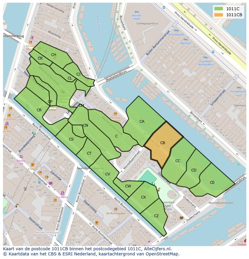 Afbeelding van het postcodegebied 1011 CB op de kaart.