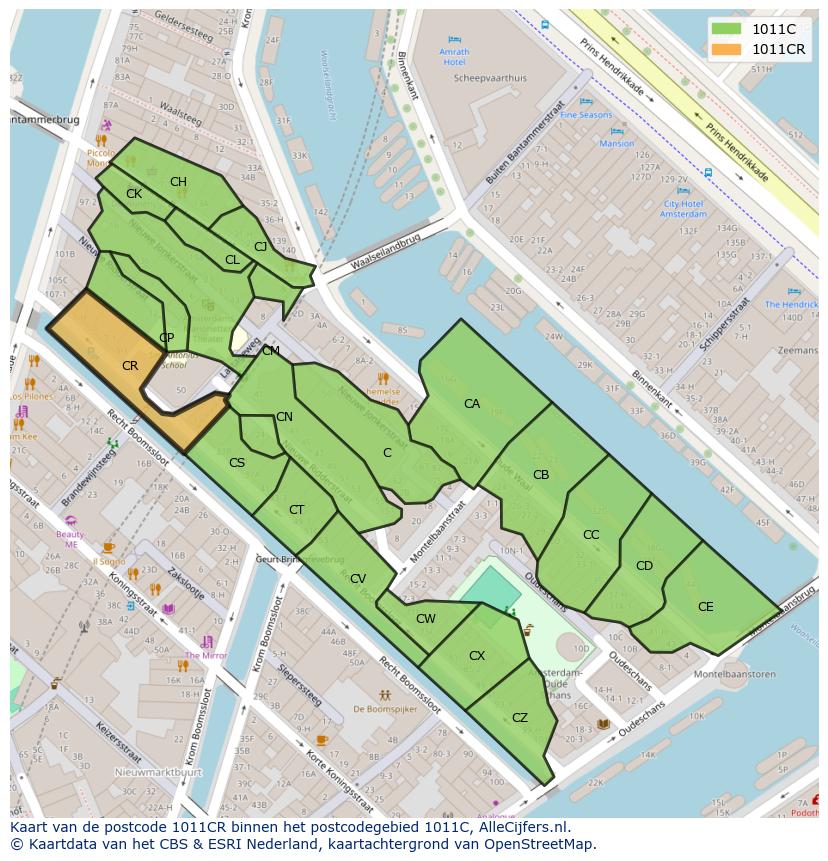 Afbeelding van het postcodegebied 1011 CR op de kaart.