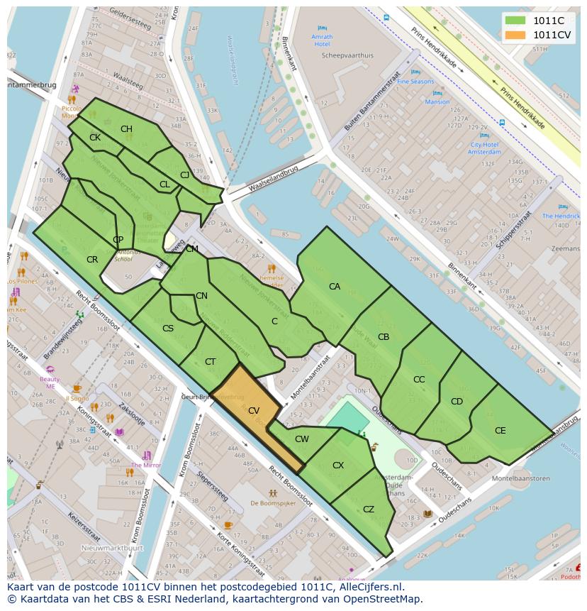 Afbeelding van het postcodegebied 1011 CV op de kaart.