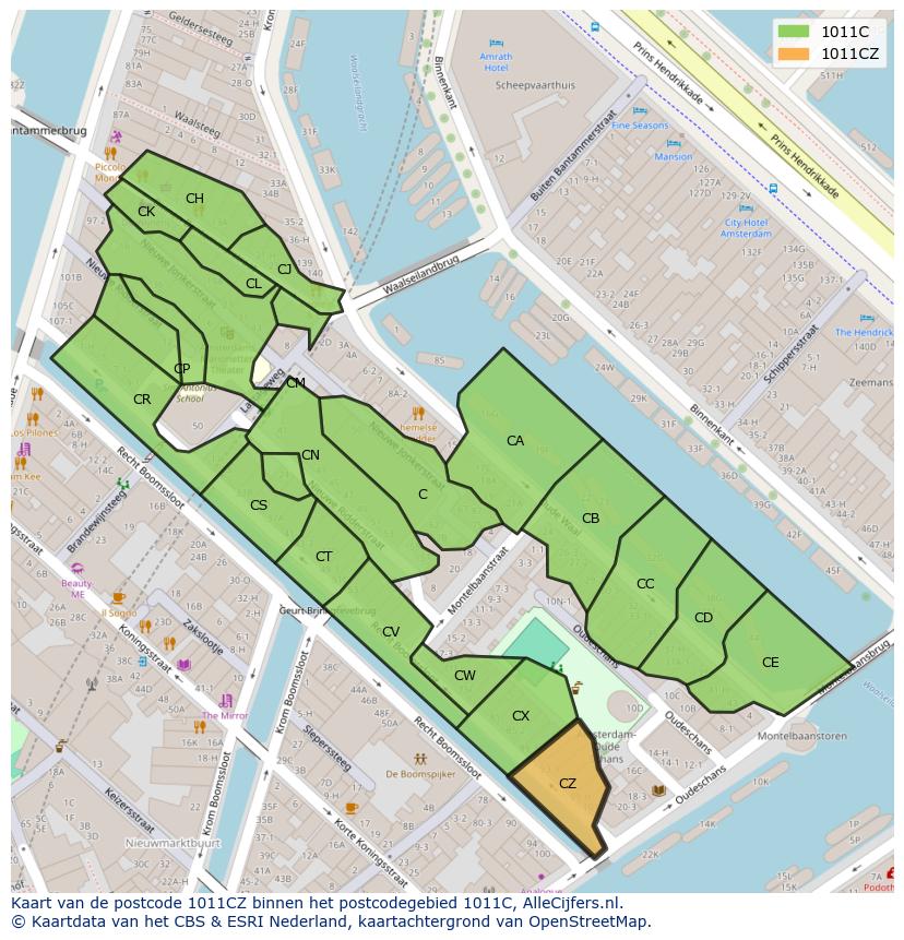 Afbeelding van het postcodegebied 1011 CZ op de kaart.