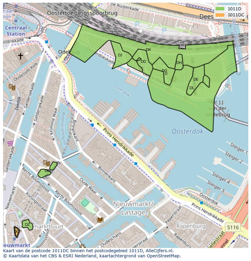 Afbeelding van het postcodegebied 1011 DC op de kaart.