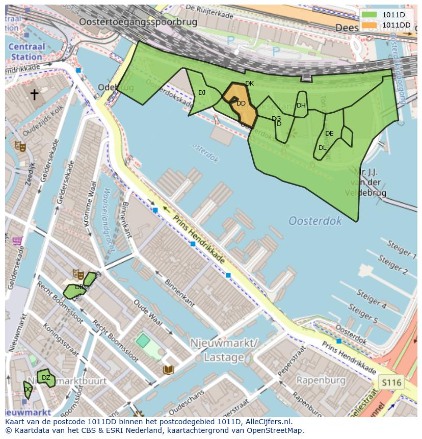 Afbeelding van het postcodegebied 1011 DD op de kaart.