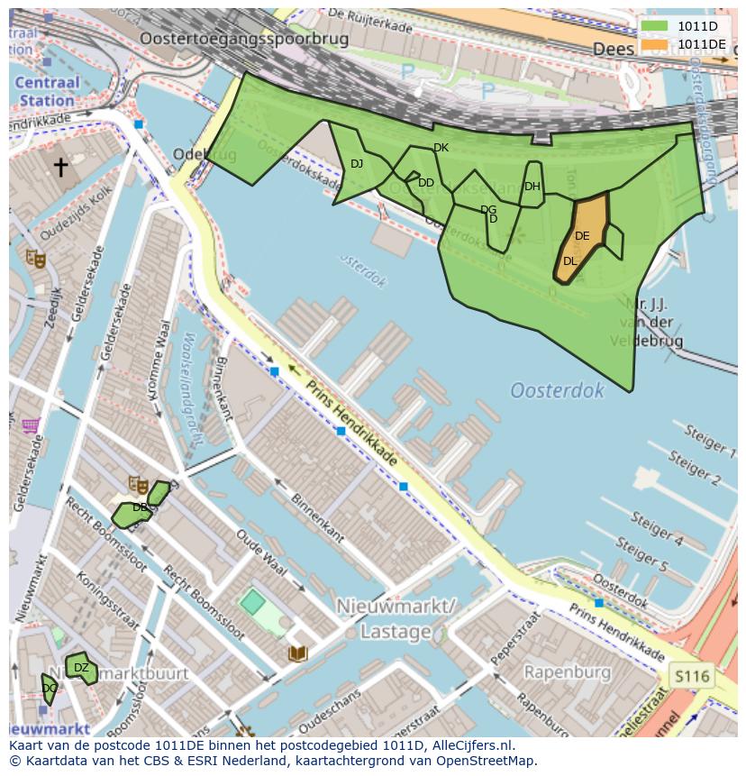 Afbeelding van het postcodegebied 1011 DE op de kaart.