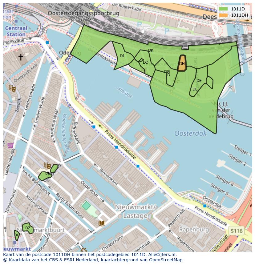 Afbeelding van het postcodegebied 1011 DH op de kaart.
