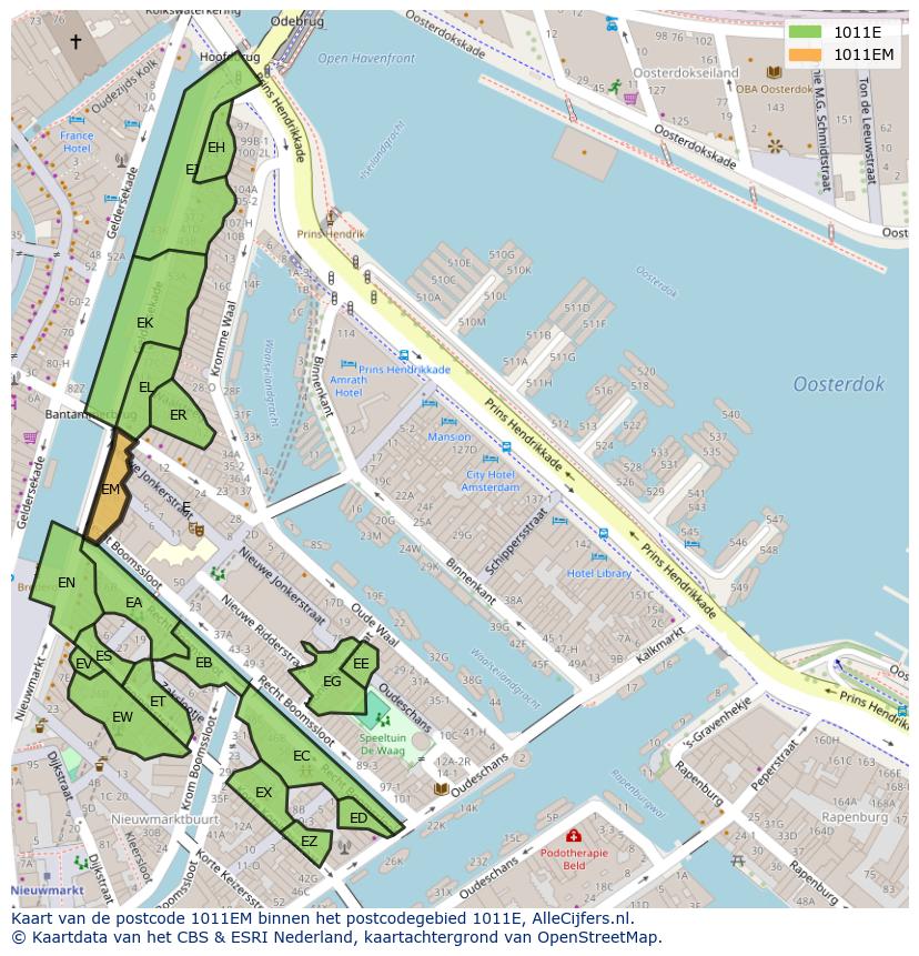 Afbeelding van het postcodegebied 1011 EM op de kaart.