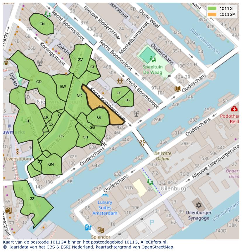Afbeelding van het postcodegebied 1011 GA op de kaart.