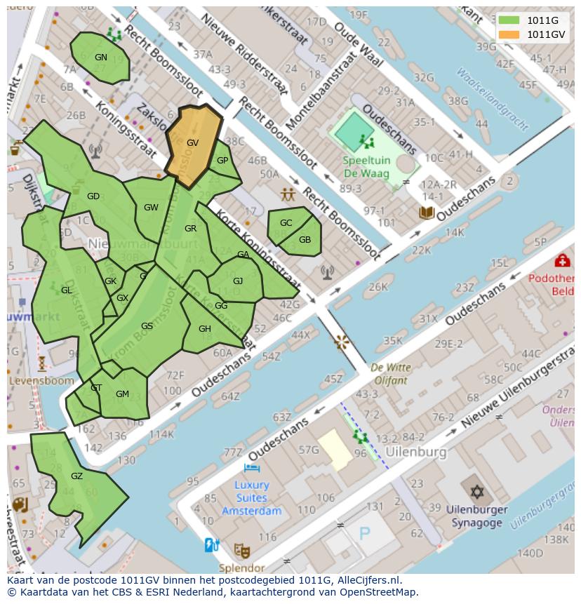 Afbeelding van het postcodegebied 1011 GV op de kaart.